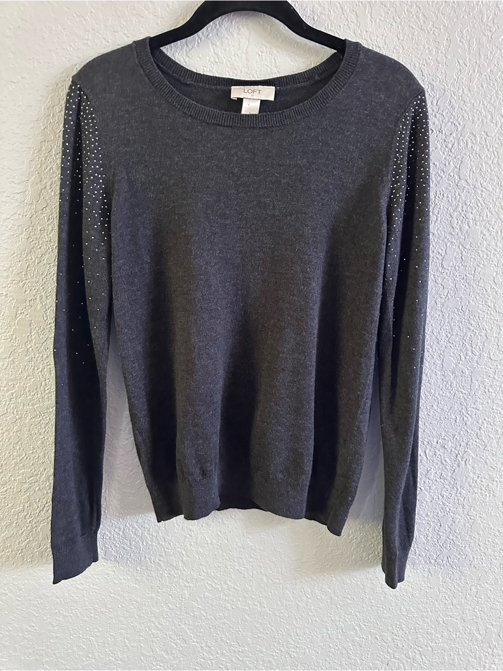 LOFT Heather Gray Rhinestone Sleeve Crewneck Sweater Small